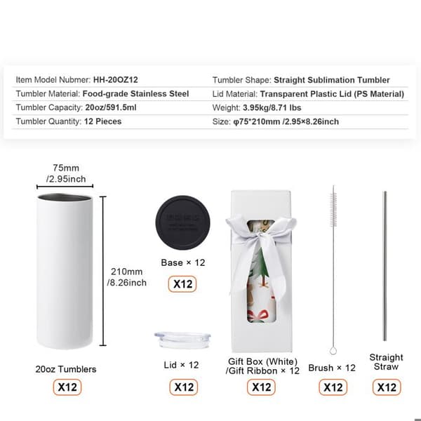 Rostfria Stålkoppar - DUOKU - 20 oz - 12 Pack - Dubbelvägg - Lock Inkluderade - Sugrör