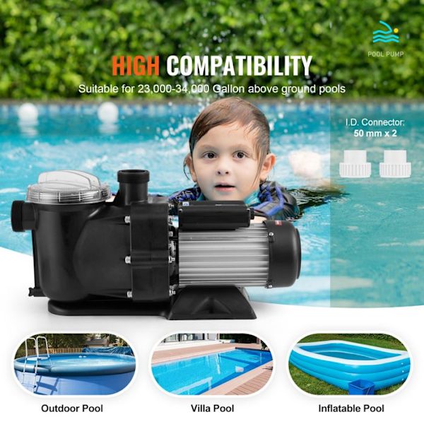 Pool Pump Above Ground - DUOKU - HT776 - 1,5 HK - 110 GPM Max Flöde - 15 m Tryckhöjd