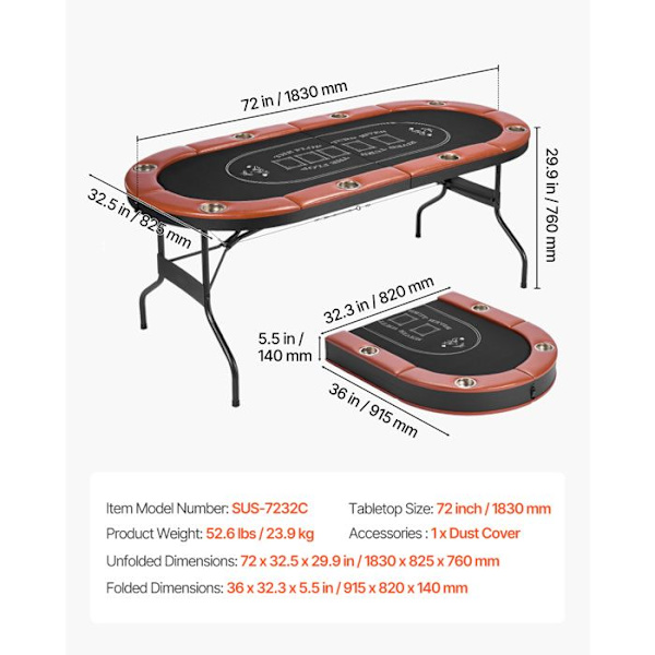 Fällbart Pokerbord 183 cm-Duoku-för 8 Spelare-för Blackjack och Texas Hold'em