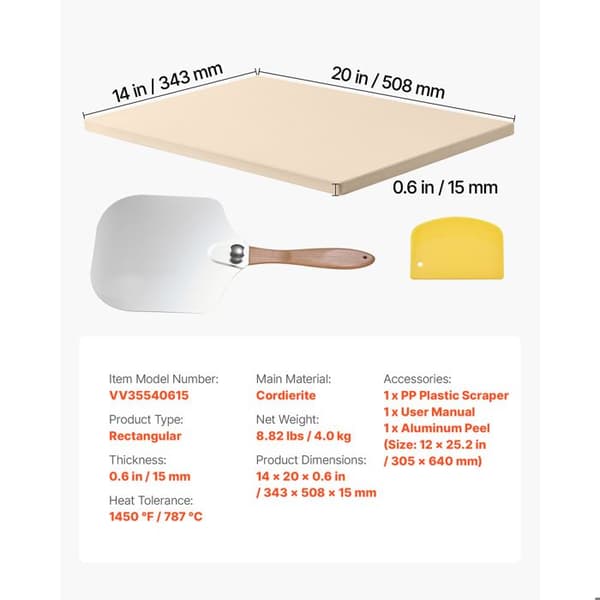 Rektangulær Pizzasten i Cordierit-Duoku-50,8 x 35,5 cm-Bageflade-med Aluminiumsspatel-Tykkelse 1,5 cm