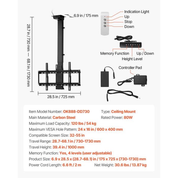 Motoriseret Loftmontering - DUOKU - 32 til 55 tommer - Justerbar - VESA 24x16 tommer - 120 lb max
