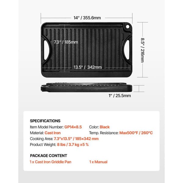 Vendbar Stegeplade - DUOKU - 185 x 342 mm - Støbejern - Bærbar - Sort