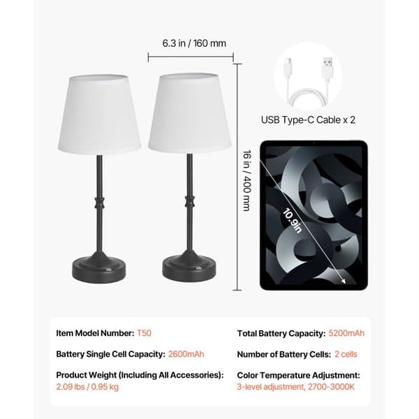 Bordlampe - DUOKU - Sæt af 2 - Genopladelig 5200 mAh - 3 Lysniveauer - Hvid LED