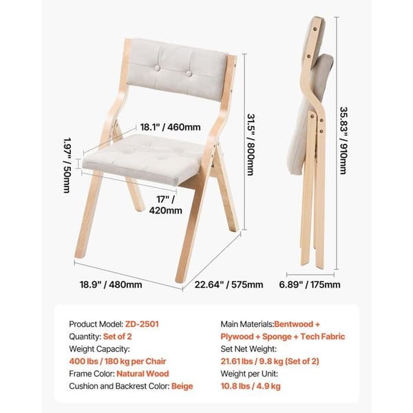Fällbar trästol - DUOKU - ZD-2501 - Set om 2 - Beige vadderad kudde - Fällbar 180 kg beige