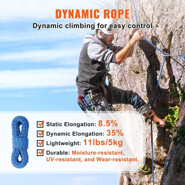 Corde til klatring Dynamique-Duoku- 10,2 mm, 70 m- Modstand 25 kN- Strækfiber med stålkarabinhager- Blå