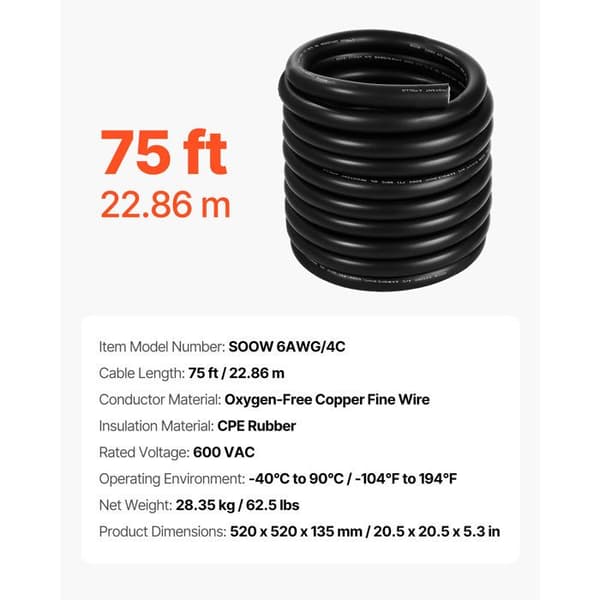 Strömkabel - DUOKU - SOOW 6AWG/4C - 22,86 m - 600 V - 4 ledare