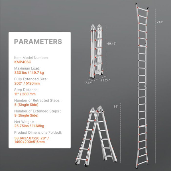Teleskopstige - DUOKU - 20 ft - Aluminium - Sammenfoldelig - Multifunktionel