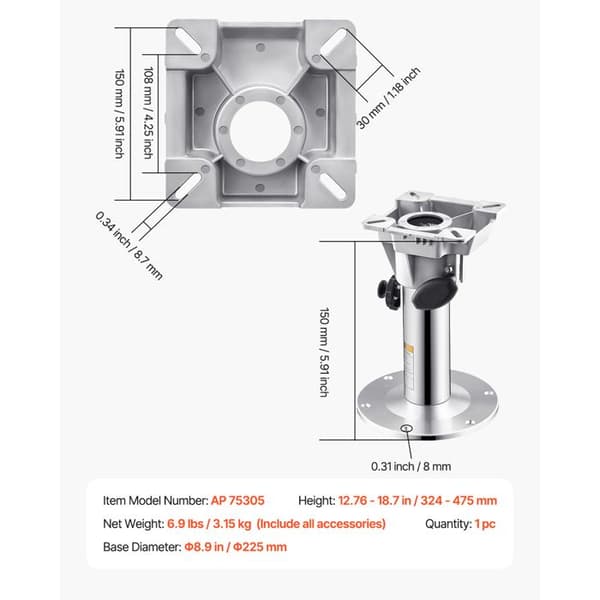 Båtstolben med justerbar höjd 324-475 mm - Båtstolstöd i aluminiumlegering