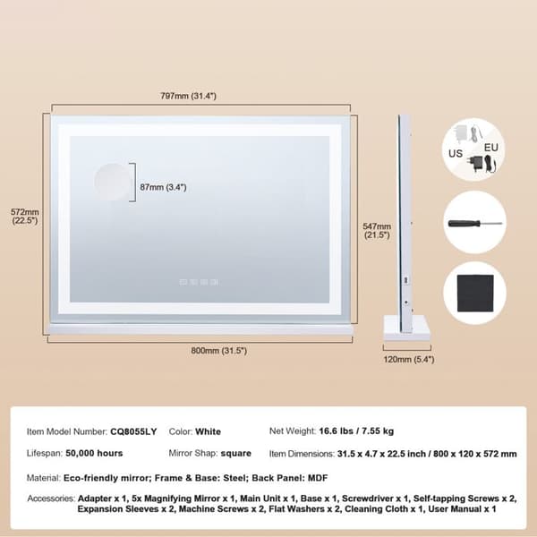 Stort sminkspegel - DUOKU - CQ8055LY - LED-belysning 3 färger - Förstoring 5x - Bluetooth & USB