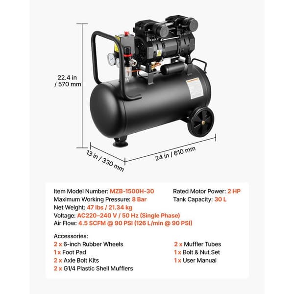 Luftkompressor 30 L-Duoku-med oliefri tank, 1,5 kW, ideel til bilreparation, dækopblæsning