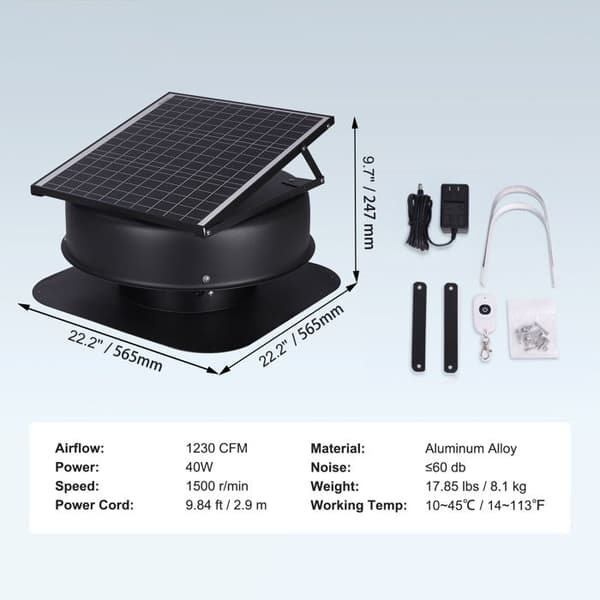 Solenergi Blæser - DUOKU - JBSF-320G - 42 W - Luftstrøm 2800 CFM - Intelligent Termostat Svart