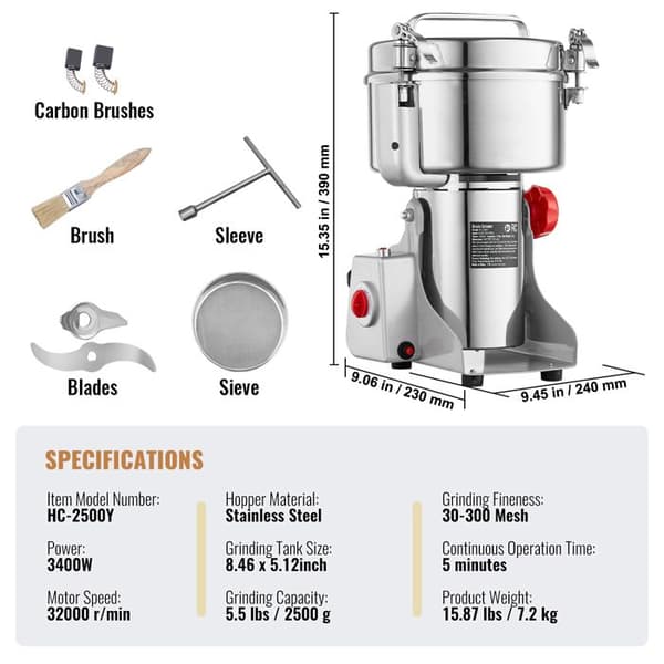 Elektrisk Kornmølle - DUOKU - HC-2000Y - 3400W - 2000g - Rustfrit Stål
