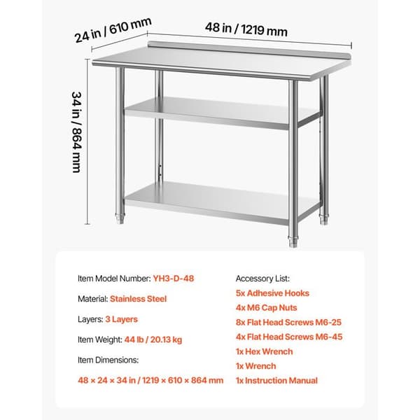 Professionelt køkkenarbejdsbord - DUOKU - YH3-D-48 - Rustfrit stål - 3 niveauer - 121,9x61x86,4 cm