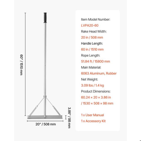 Landskabsrage-Duoku-med 1510 mm Skaft-Bred Hoved på 508 mm-Solid Aluminium Niveller til Jordenivellering