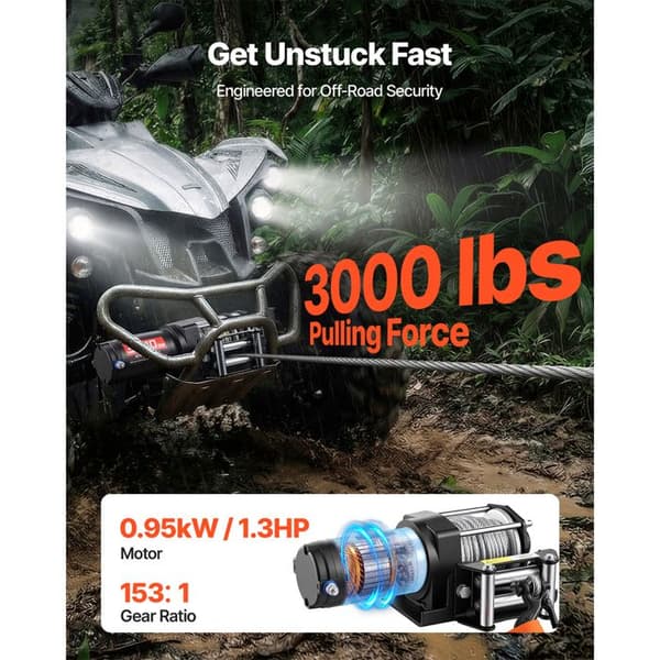 Sähkökela - DUOKU - 3000lb - 1360 kg - Teräslanka 5 mm x 12 m - 12 V DC