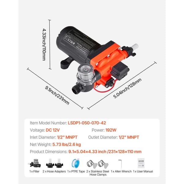 Självprimande Membran Vattenpump - Duoku - 12 V DC, Flöde 18,9 L/min, Tryck 4,8 Bar, 4 Fack, med Integrerad Tryckströmbrytare