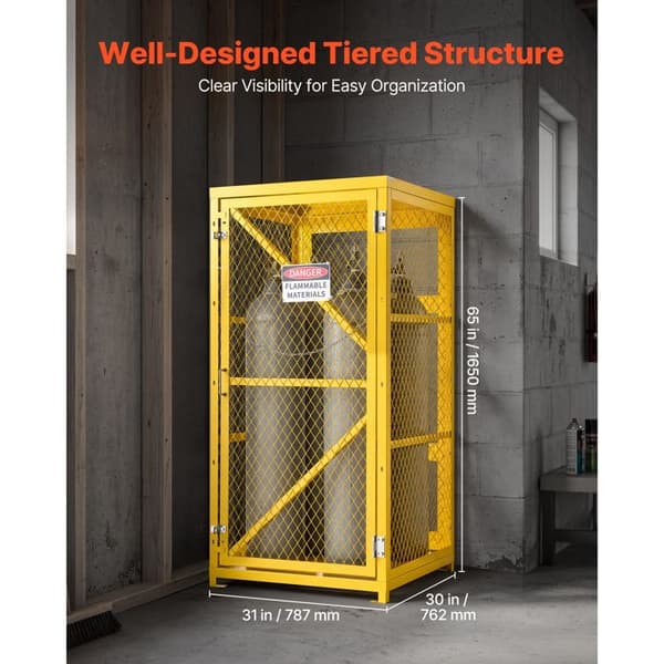 Vertikal Skåp-Duoku för Gasflaskor, 787x762x1650 mm, Säkerhetsbur för Lagring av 9 Flaskor, Gul