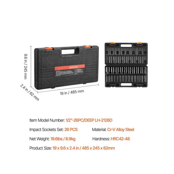 Chock Socket Set-Duoku-1/2" 26 Delar-Deep Socket-6 Hörn--Metrisk 10 mm-36 mm-Robust Konstruktion-med Förvaringsbur