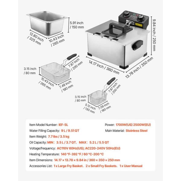 Elfrityr - DUOKU - IEF-5L - Rostfritt stål - 5,2 L olja - Termostat 60–200°C