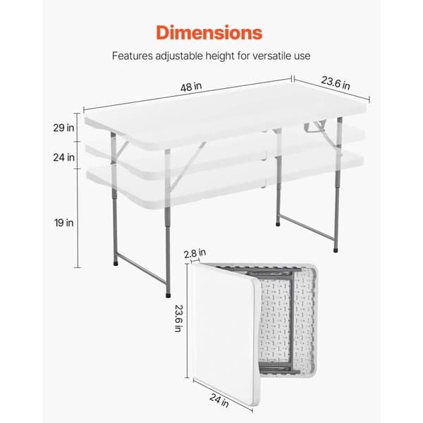 Foldable Rectangular Plastic Table-Duoku-Portable Utility Table of 122 cm-with Adjustable Height and Integrated Handle