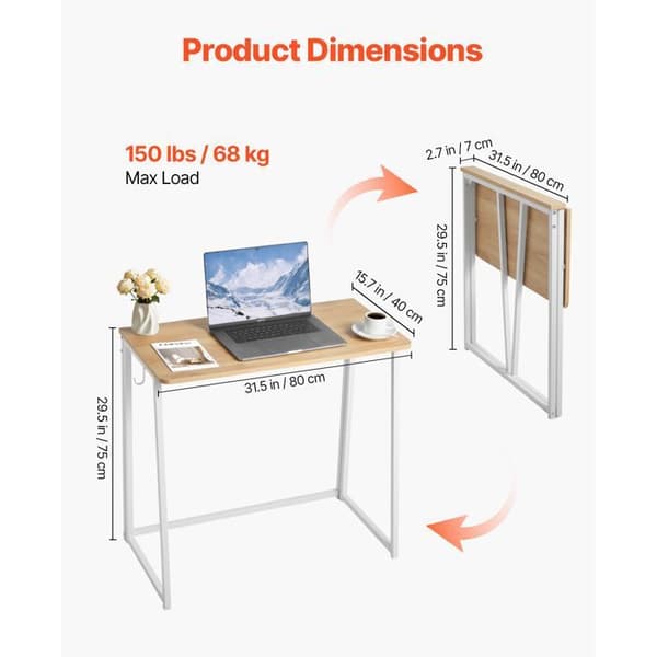 Computerbord - DUOKU - ZH605 - Sammenklappelig 80x40x75 cm - Træplade 1,5 cm - Hvid stålramme träplatta + vit ram