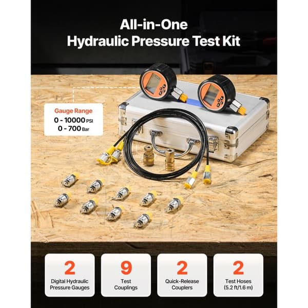 Hydraulisk Tryktest Kit-Duoku-Inkluderer 2 Digitale Manometre 0-10000 PSI 0-700 Bar-2 Hurtigkoblinger-2 Slanger