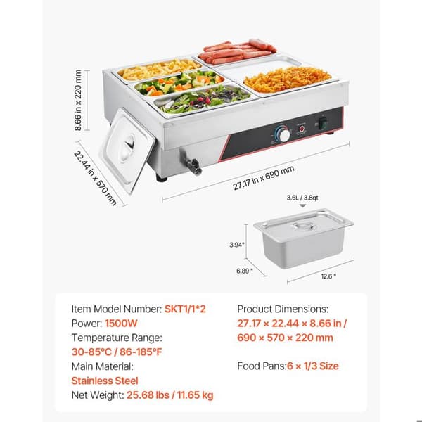 Elkedel - DUOKU - SKT1/1*2 - 1500 W - 6 GN 1/3 beholdere - Rustfrit stål