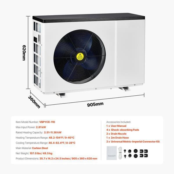 Värmepump - DUOKU - VBPYCE-110 - Pooluppvärmning - 2,51-11,38 kW - Energibesparing