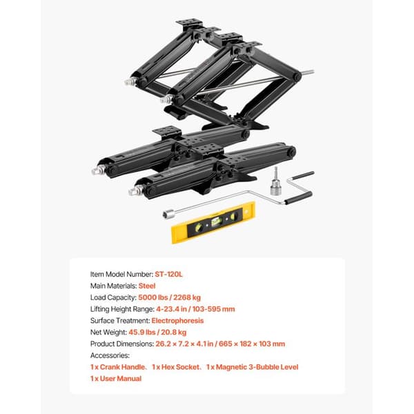Cric ciseaux - DUOKU - ST-120L - Kapacitet 2 268 kg - Lyft 103–595 mm - Paket med 4 st + stabilisator