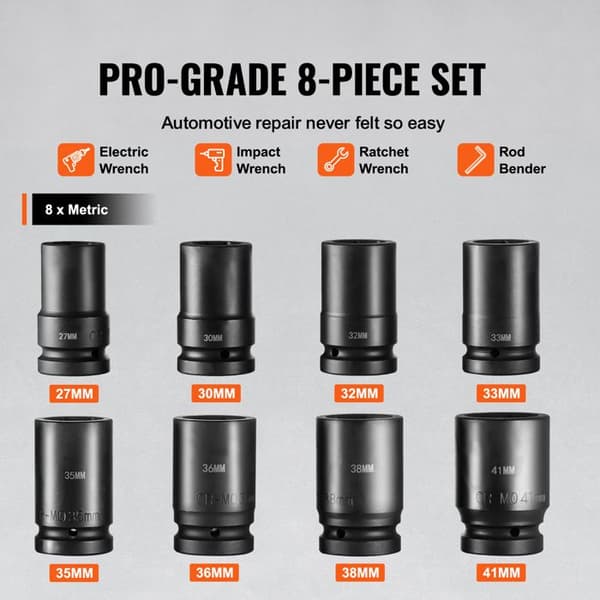 "Impact Socket Set-Duoku-1" 8 Metric Deep Sockets 27-41 mm-Cr-Mo Alloy Steel with 6 Points-Durable Construction"