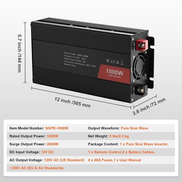 Inverter - DUOKU - SGPE-1000W - 1000 W - 2 AC-stik - 2 USB - 1 Type-C