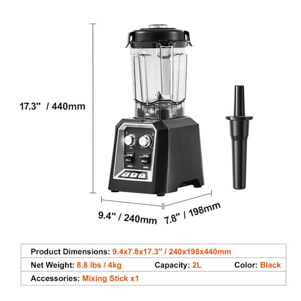 Professionel Mixer - DUOKU - HS-210D - Glasbeholder 2L - Rustfrit Stål - 2200W