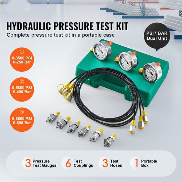 Hydrauliskt trycktestkit - Duoku - 3 Manometrar - 6 Testkopplingar - 3 Testslangar - Set med hydrauliska manometrar