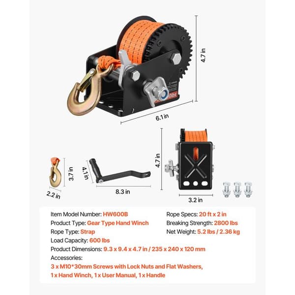 Manuel Winch 272 kg-Duoku-Bådtrailer Winch med 6,1 m Orange Polyester Rem, Egnet til Både og Træk
