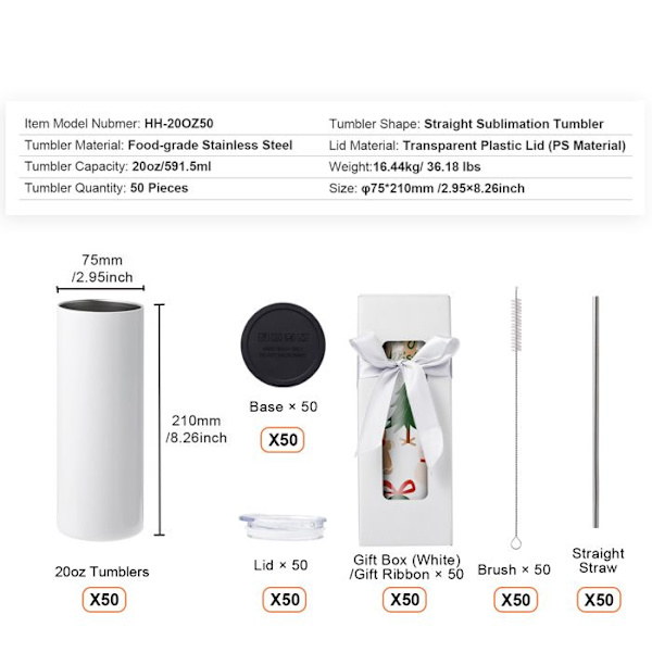 Sublimationskopper - DUOKU - Sæt af 50 - 590 ml - Rustfrit Stål - Tilpasningsdygtige