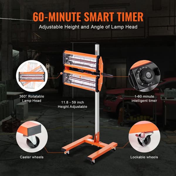 Infrarød Tørringslampe - DUOKU - 2200 W - Timer 1-60 min - Støtte til Bil - Rustfrit Rustfrit Stål