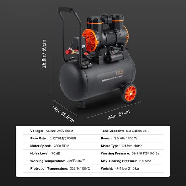 Luftkompressor - DUOKU - 9,3 Gallons - 2,5 HK - 70 dB Støjsvag - Uden Olie