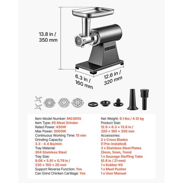 Köttkvarn - DUOKU - MG3655 - 2000W (max) - 1,5–2 kg/min - 3 galler