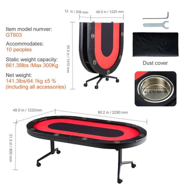 Foldable Poker Table-Duoku-10 Spillere 90 Tommer-til Blackjack og Texas Holdem med Polstrede Rails