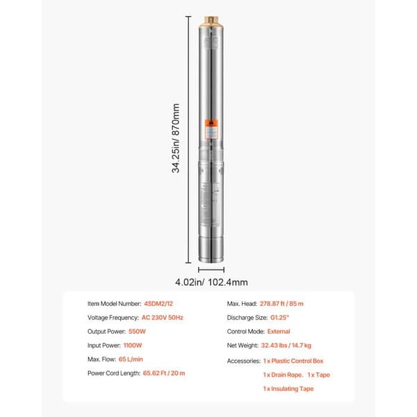 Nedsænkningspumpe - DUOKU - 4SDM2/12 - 550 W - Rustfrit Stål - Flow 65 l/min