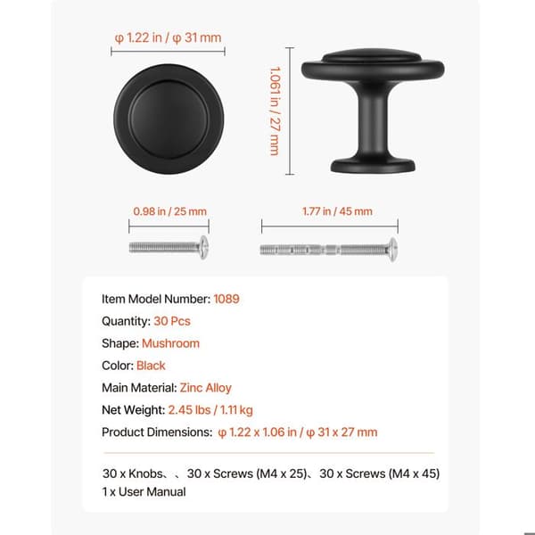 Møbelgreb - DUOKU - Model 1089 - Runde 3 cm - Zinklegering - Sæt af 30 Svart