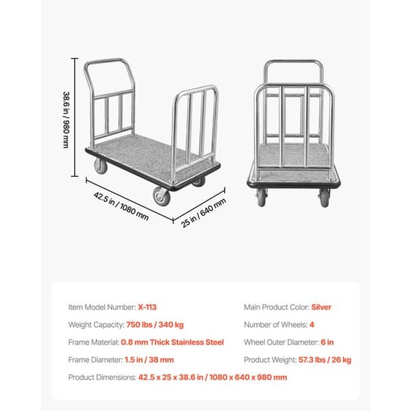 Bagagevogn - DUOKU - X-113 - Kapacitet 340 kg - 4 Hjul - Rustfrit Stål Pengar