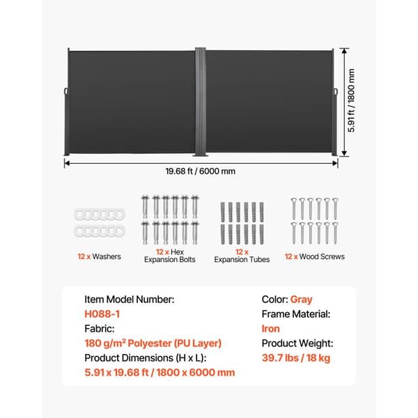 Fällbar sidobutik - DUOKU - H088-1 - 180x600 cm - Polyesterduk 180 g/m² (PU) - UV-skyddad Grå