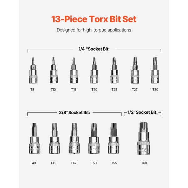 Torx-Duoku Socket Sæt-13 Stykker-T8-T60, S2 Legering og Cr-V Stål, til Mekanikere og Bilreparatører