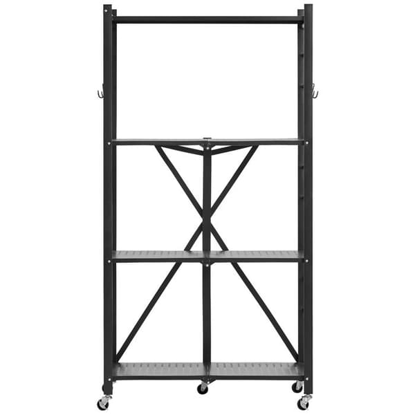 Foldable Mobile Shelf-Duoku-4 Levels-Foldable Shelf on Wheels-71x33x137 cm-Robust Metal-Static Load 340 kg-Black