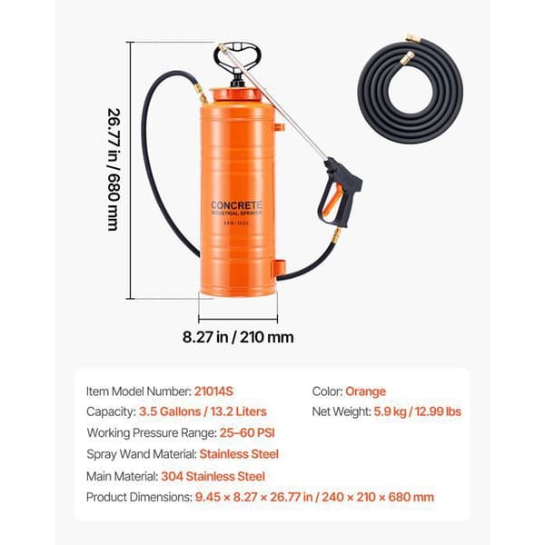 Industrit pulverisator i rostfritt stål - Duoku - Kapacitet 13,2 L - Manuell pump - Tryck 25-60 PSI - 52 cm längd - 2 munstycken