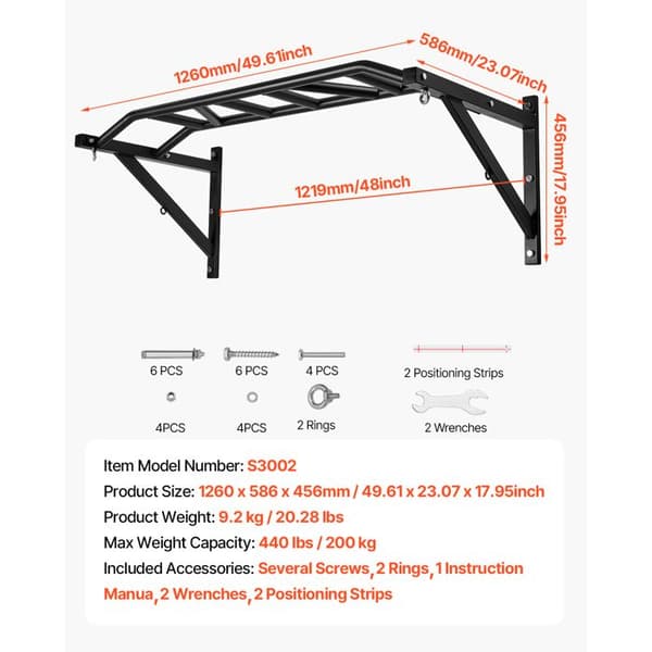 Väggmonterad Dragstång 1260 mm-Duoku-Polyvalent Fitnessstång i Solid Stål-Stöder Upp Till 200 kg-med Krokar