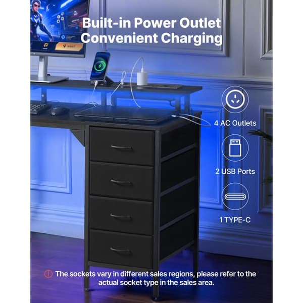 Computer Desk 120 cm-Duoku-with Integrated LED Lighting and Electrical Outlets-with 4 Spacious Drawers-Black