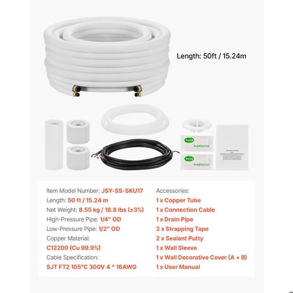 Kylanslutningskit-Duoku-med kopparrör-6,4 mm och 12,7 mm-med muttrar och isolerad spole-Mini-split-system