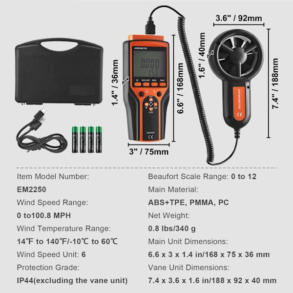 Bærbart Anemometer Split-Duoku-14℉-140℉-Digital Vindhastighedsmåler, CFM Gauge med LED-baggrundsbelysning